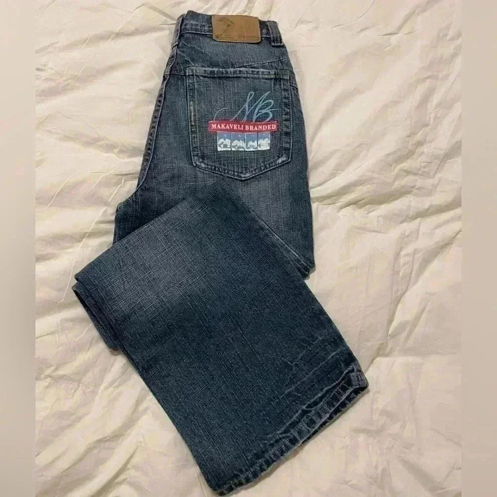 VTG MAKAVELI Brand Tupac Denim Jeans Rap Portrait Logo 90s 2Pac Size 14 wide leg